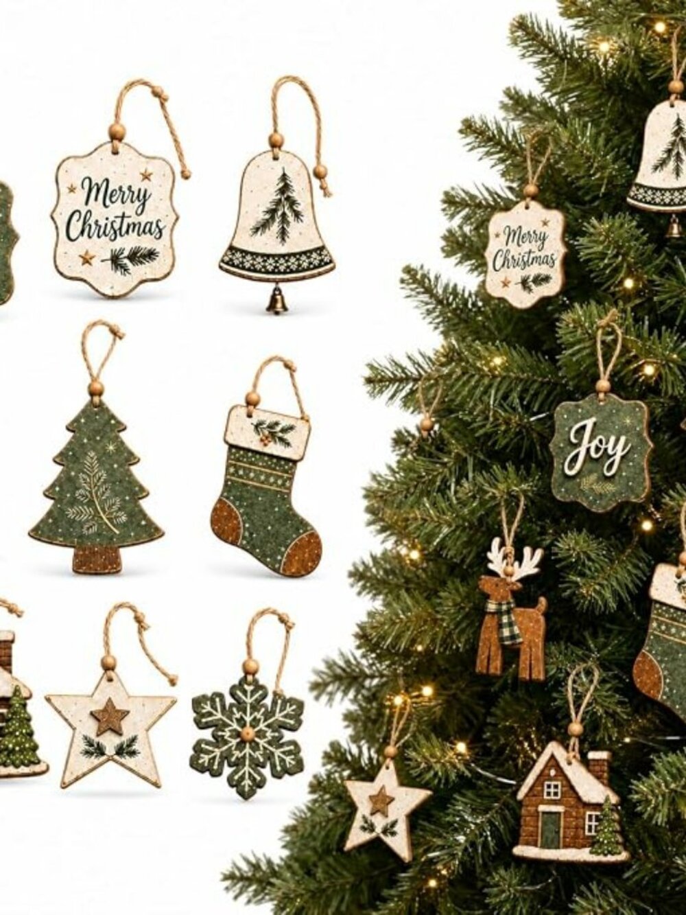 16 Pcs Rustic Christmas Tree Ornaments, Wooden Farmhouse Hanging Decor